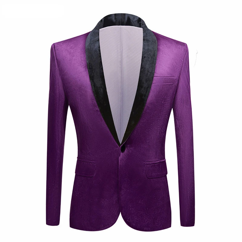 

Mens Purple Fashion Velvet Suit Jacket Slim Fit Shawl Collar One Button Blazers Mens Wedding Groom Dinner Party Costumes