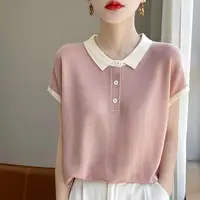 Women's Polo Contrast Color Knitted T-shirts Luxury High Quality Original in Trend 2025 Korean Style Clothing Baggy Female Tee - Image 3