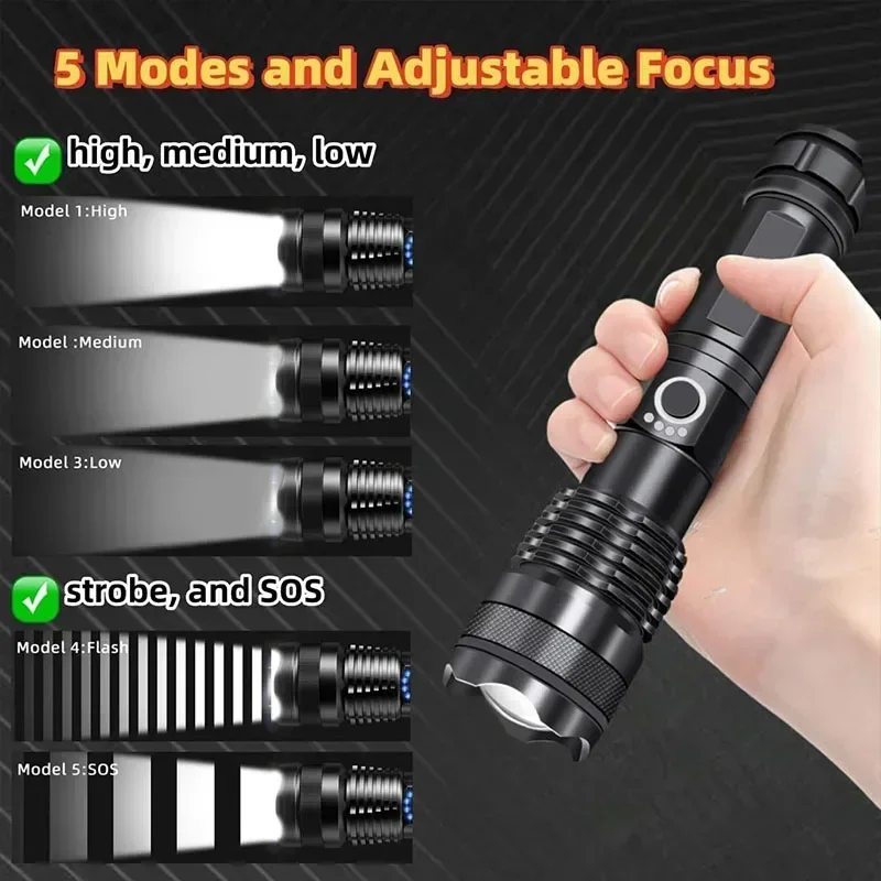 슈퍼 XHP120 강력한 Led 손전등 고전력 토치 라이트 충전식 전술 손전등 내장 18650 배터리 캠핑 램프