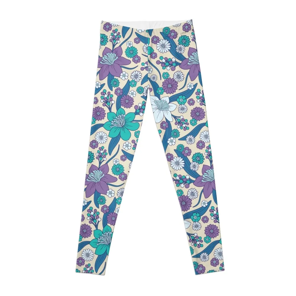 

Purple, Teal & Blue 1970s Inspired Retro Floral Pattern Leggings Jogger pants sport set Womens Leggings