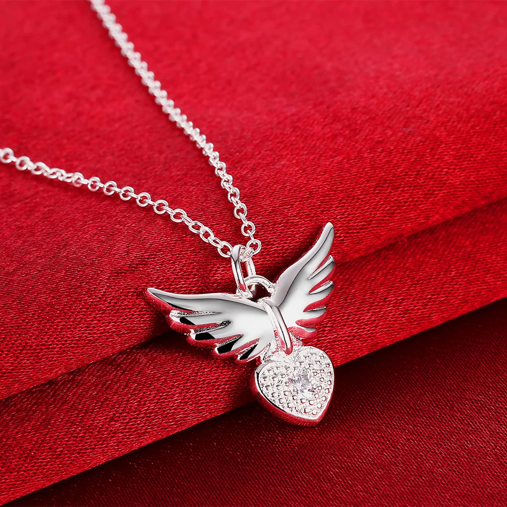 

Pretty 925 Sterling Silver elegant Zircon Heart wings Pendant Necklace For Women Fashion wedding party Jewelry Christmas gifts