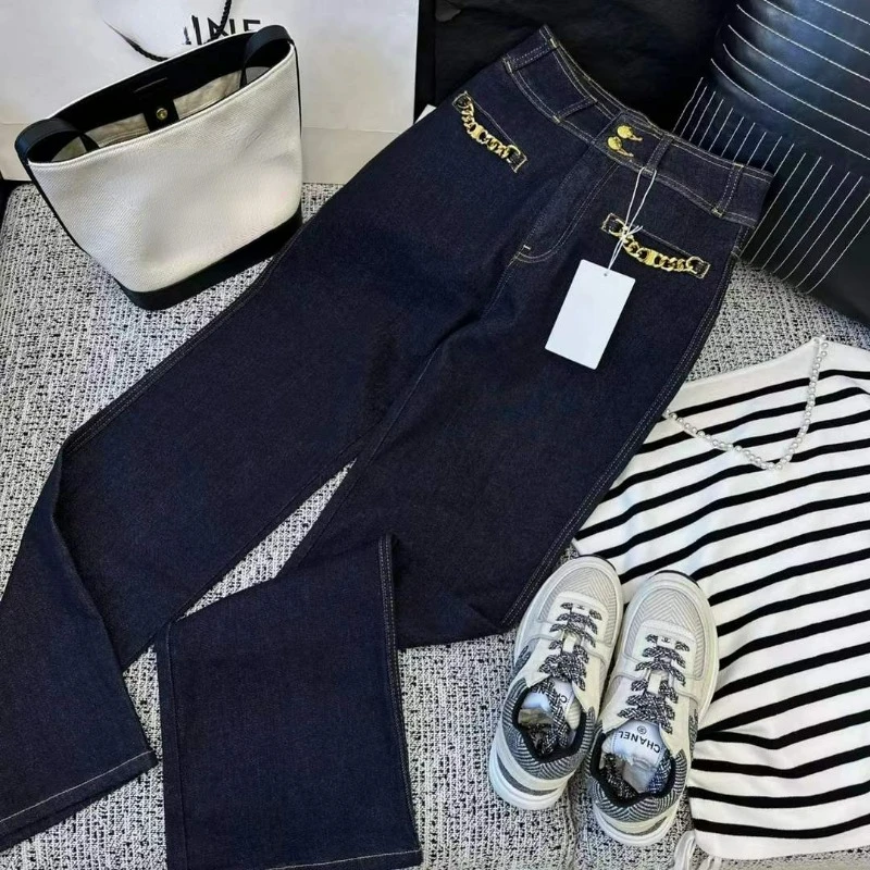 

Fashion Senior Designer High Waist Jeans Loose Straight Tube Metal Chain Decorative Luxury Workwear Pants Women's Floor Towers