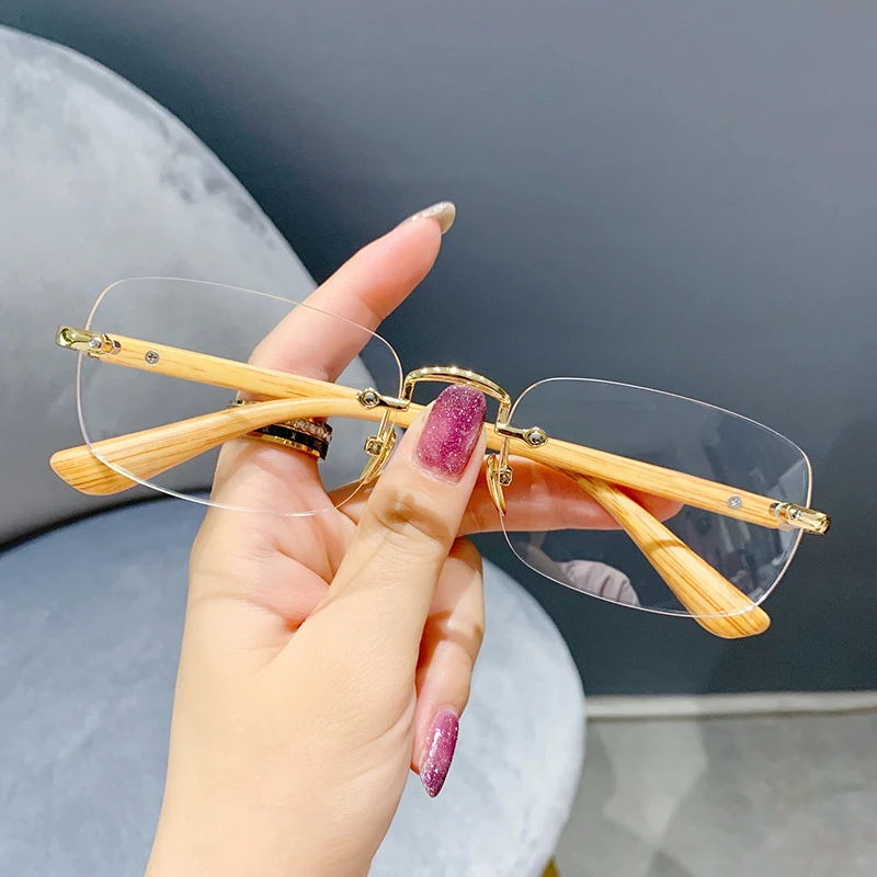 

Finished Myopia Glasses Retro Anti-blue Light Myopic Eyeglasses Rimless Lens Wood Grain Frame Diopter 0 -1.0 1.5 2.0 2.5 3.0 4.0