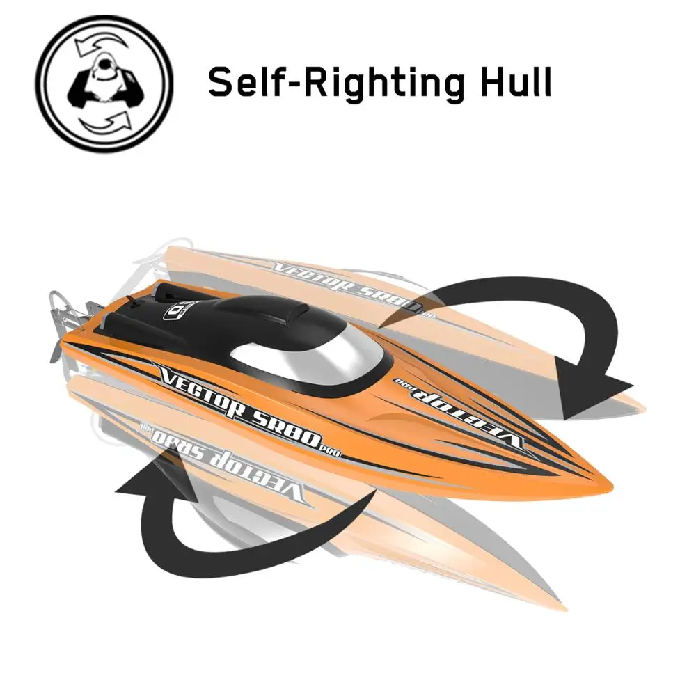 Bateau RC orange sur son socle, montre les détails du design, modèle télécommandé performant.