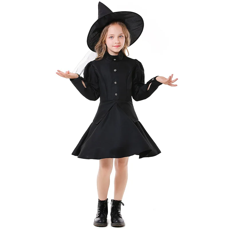 Kids Halloween Evil Witch Costume Black Magic Girl Anime Cartoon Alice Witch Cosplay Dress