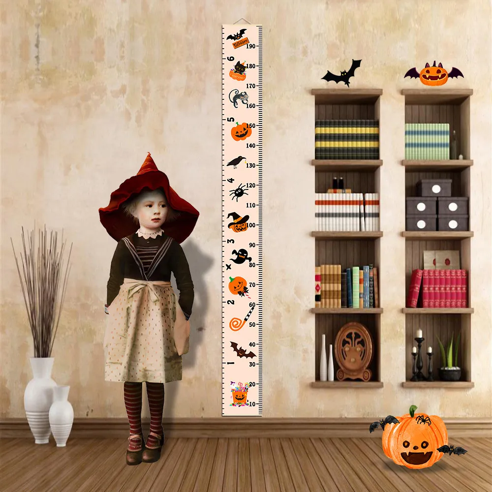 Halloween Decor Baby Growth Chart Cartoon Pumpkin Ghost Bat Prints Height Measuring Ruler for Children Bedroom Living Room Deco