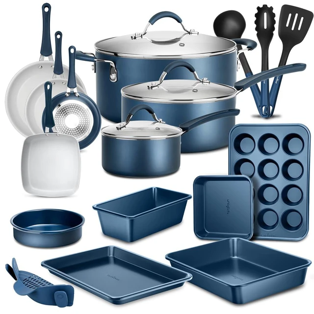 Nutrichef 12-Piece Set Kitchenware Pots and Pans Stylish Cookware, Non-Stick Inside and Outside (Blue)