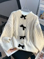 Preppy Style Bow Sweet Cardigan Women Cute Long Sleeve Solid Knitted Sweaters Casual Vintage O Neck Lady Fall Winter Top Outwear