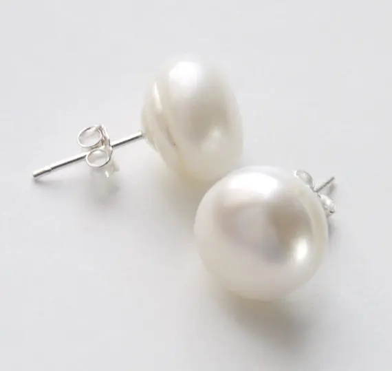 

New Arrival Genuine Pearl Earrings 12-13mm Large White Color Genuine Freshwater Pearl Sterling Silver Stud Earrings