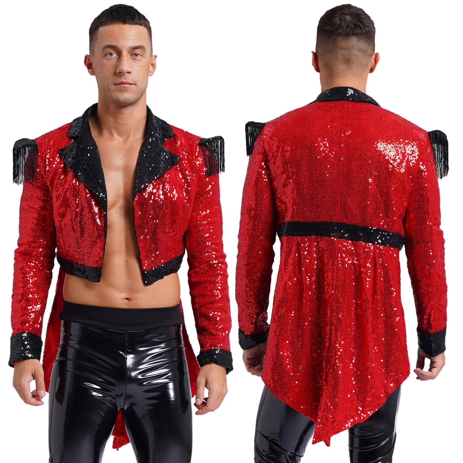 thumbnail image 1 of Esmoquin de circo con lentejuelas brillantes para hombre, charretera con flecos, abrigo con cola de golondrina, maestro de ceremonias de circo, mago, Showman, disfraz de Halloween, 1 of 5