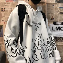 

retro sweatshirt flame plus and loose print bf hoodie velvet hip-hop Kpop style version street Harajuku ins men Korean for women