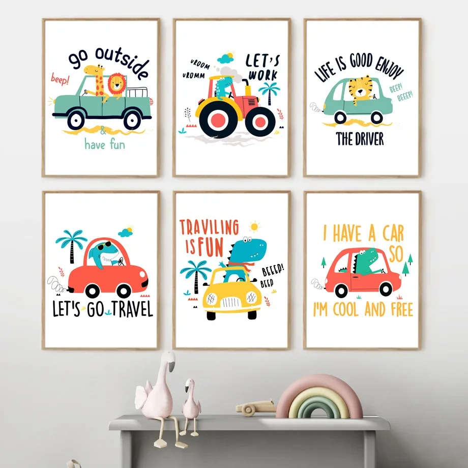 Cartoon Dinosaur Lion Tiger Car Travel Nursery Wall Art Canvas Painting Nordic Poster E Stampe Decor Pictures Baby Kids Room