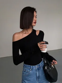 Fashion Skew Collar Off-shoulder Long-sleeved T-shirts Women Spring 2023 New Solid Slim Fit Crop Top Sexy Hollow Out Tees Shirts 1