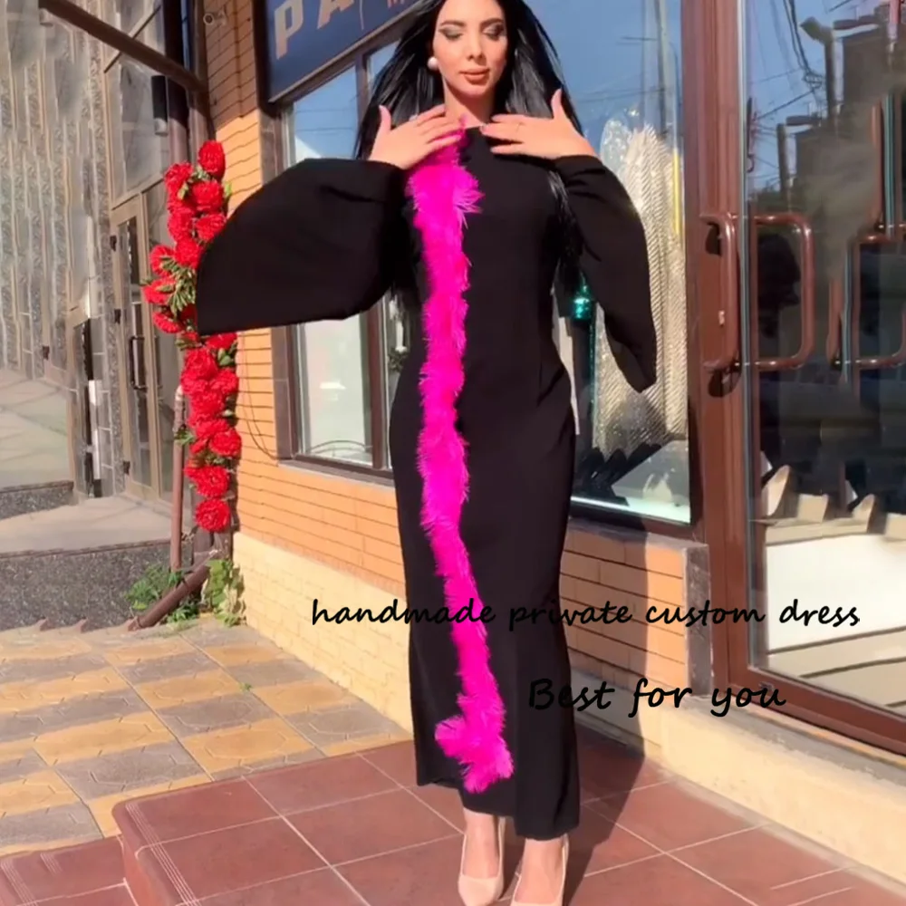 

Black Mermaid Evening Dresses Pink Feather Flare Long Sleeve Women Formal Party Dress Strapless Ankle Length Occasion Event Gown