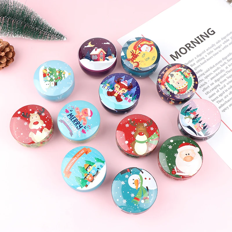 

Рождественская жесть, круглая банка для конфет, жестяная банка для свечей с крышкой, контейнер для свечей, пустая коробка для хранения печенья, конфет, подарок, фотография