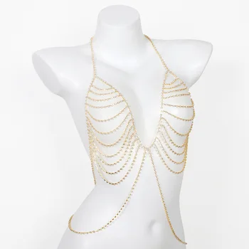 2024 New Trend Hanging Neck Stripe Rhinestone Chest Chain Nightclub Women's Body Chain Jewelry