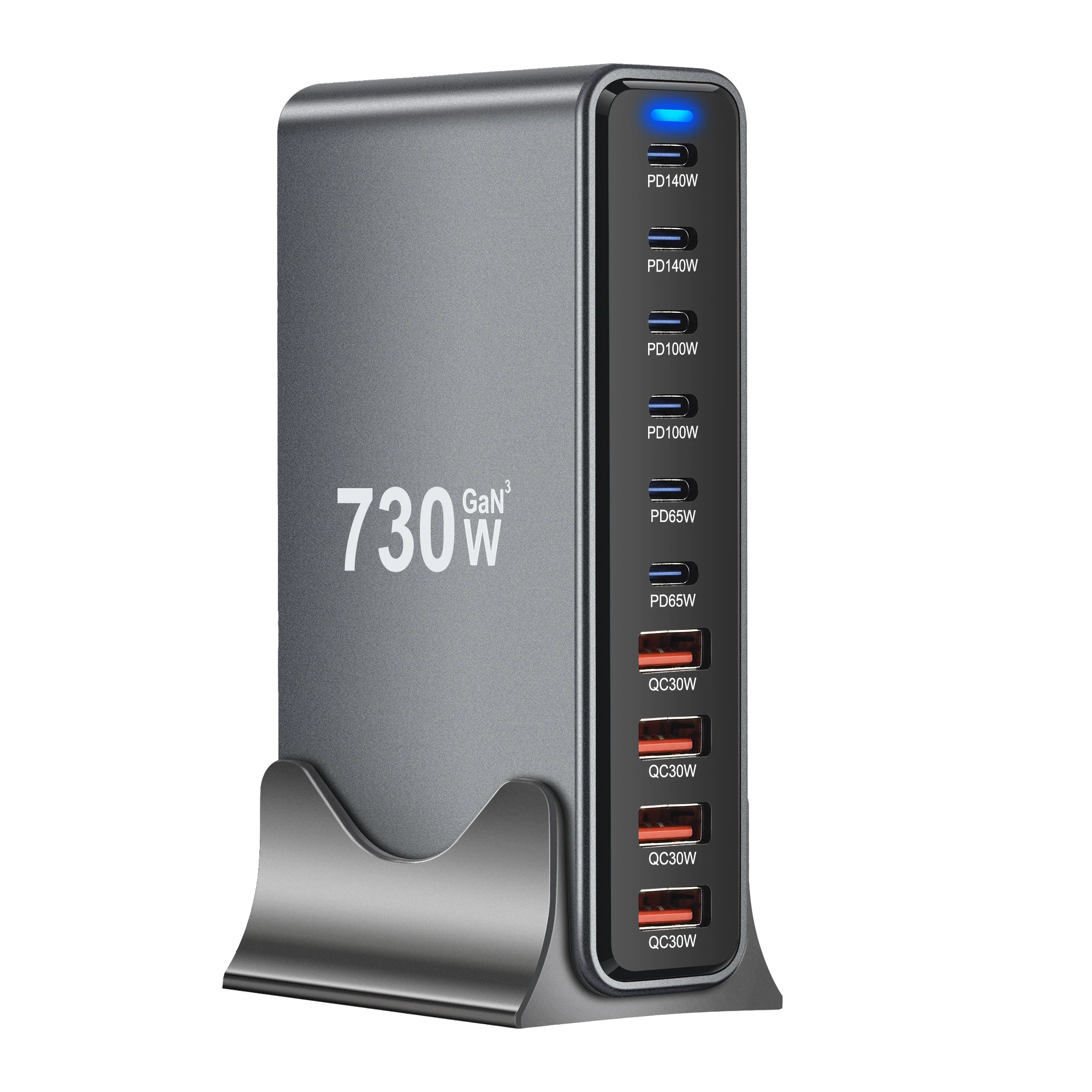 730W GaN Fast Charge 3.0 10-Port PD Charger (6C4A) for Mobiles/Tablets—Portable & Convenient