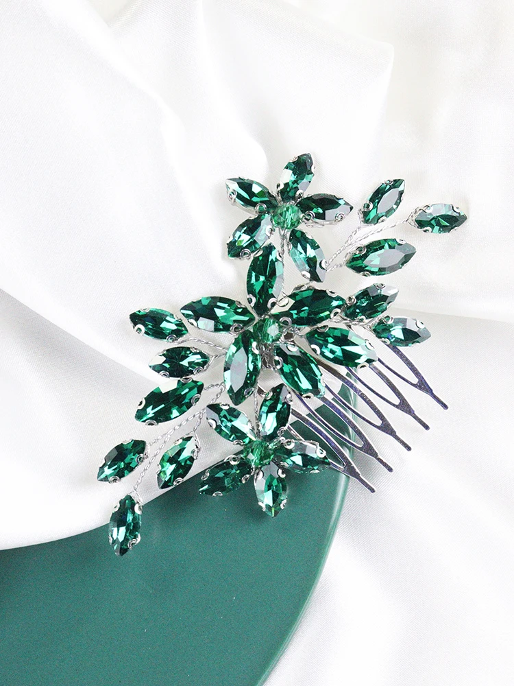 Green Rhinestone Hair Comb Bohemian Bridal Hair Accessories for Women Girls Handmade Wedding Head Jewelry Party Prom Clips