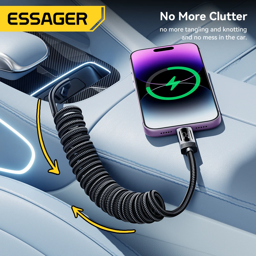 Essager Car Spring USB C Cable For iPhone 14 13 12 11 PD Fast Charging Type C To Lighting Cable For iPad Macbook Digital Dispaly