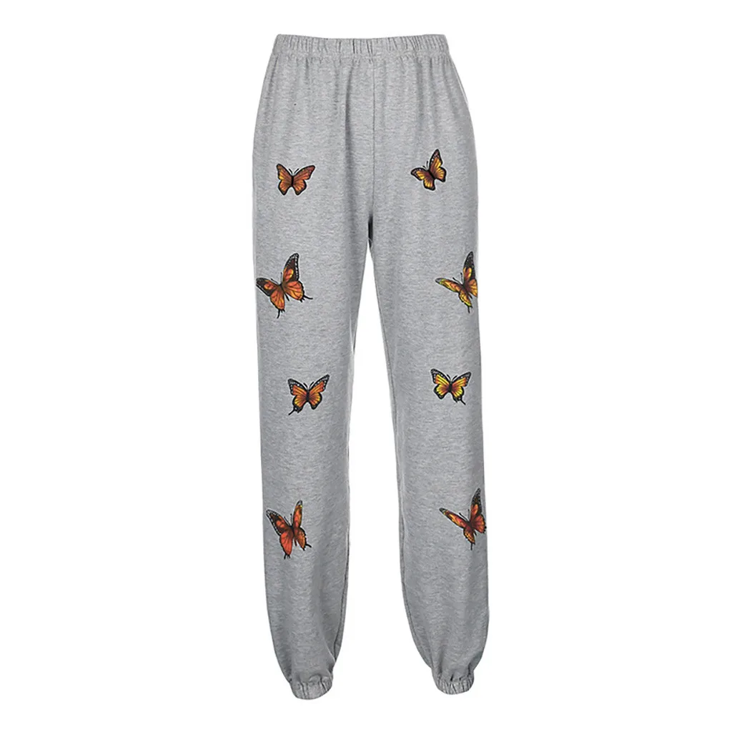 Women Fashion Butterfly Printed Pants High Waist Sports Running Cargo Pants Casual Streetwear Trousers Grey Sweatpant Long Pants
