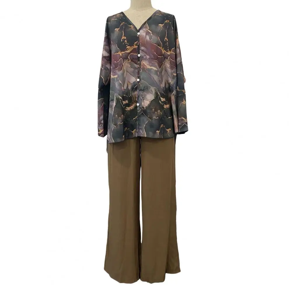 Women Top Pants Set Marble Print V Neck Blouse Wide Leg Trousers Set Stylish Women's Homewear for Casual Commute 2 Pcs/set Women
