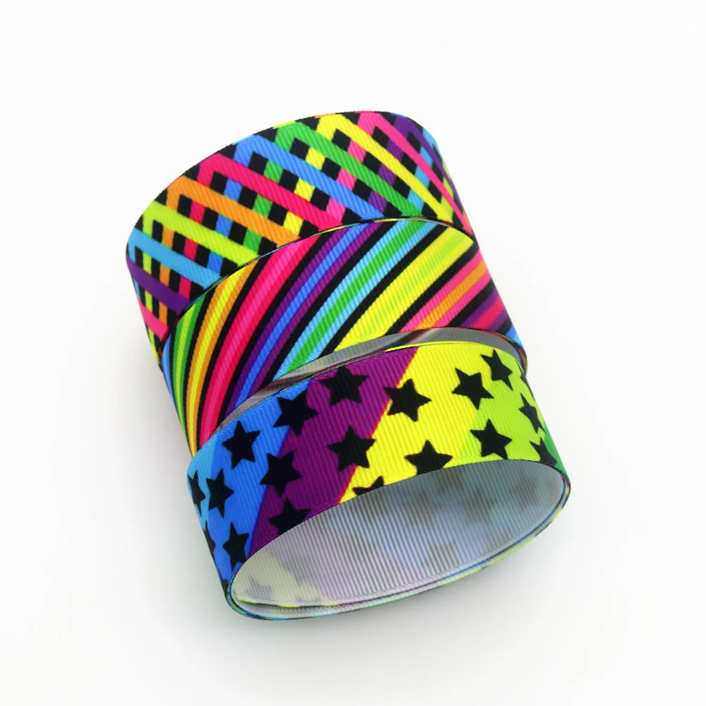 DHK 7/8'' 5yards Neon Star Stripe Polka Dot Christmas Printed Grosgrain Ribbon Accessories Material DIY Sewing Craft C2050
