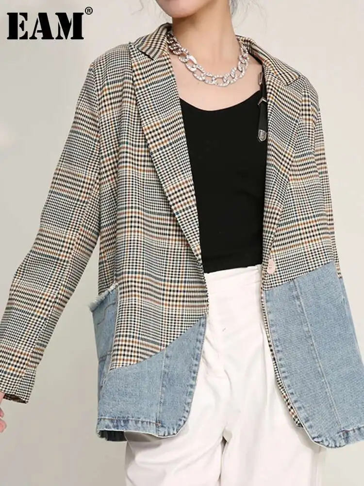 [EAM]  Women Blue Plaid Denim Big Size Blazer New Lapel Long Sleeve Loose Fit  Jacket Fashion Tide Spring Autumn 2025 1DD641005