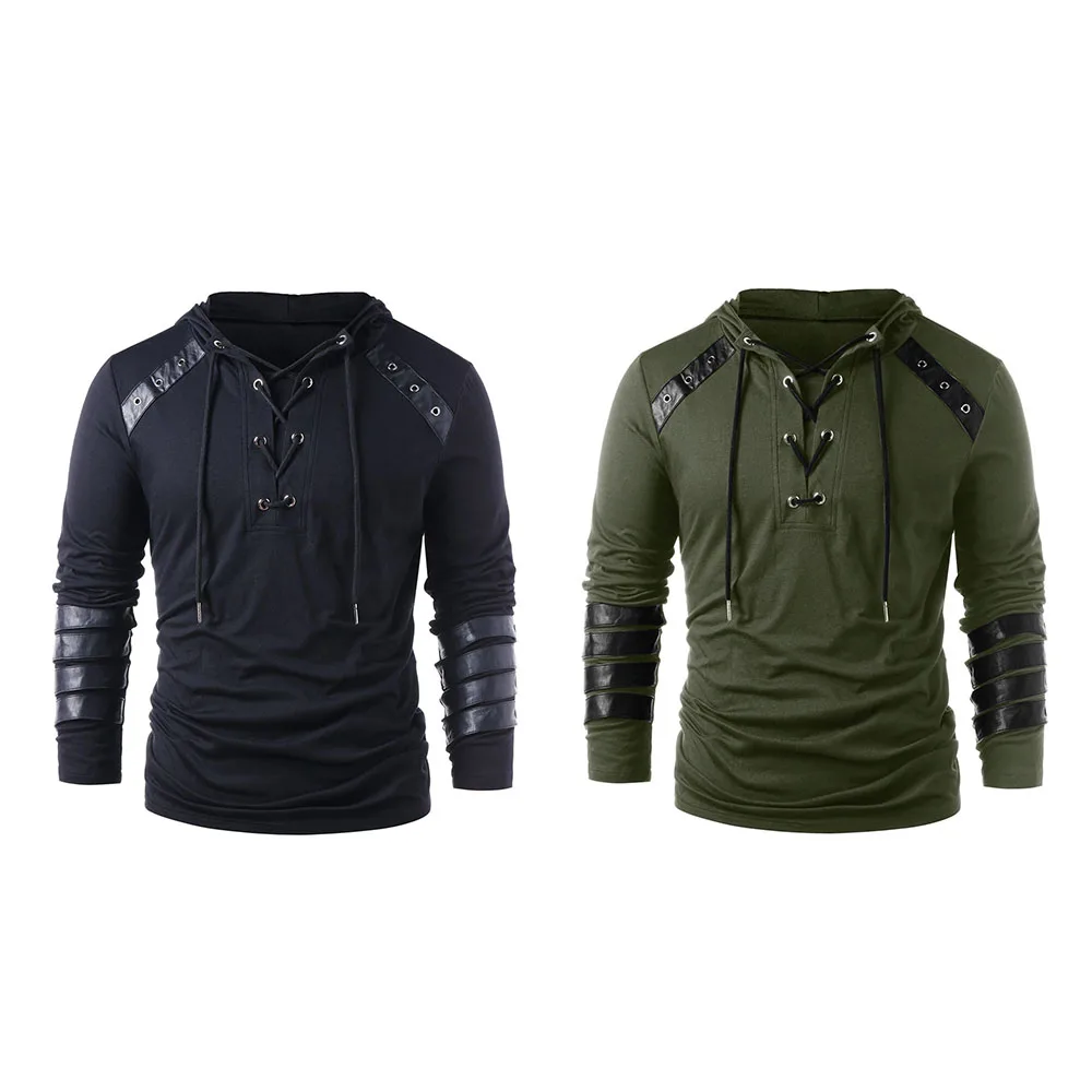 

Adult Man Gothic Steampunk Hooded Shirts Sweatshirt Lace Up Long Sleeve Hoodie Pullover Casual Blouse Male Tops