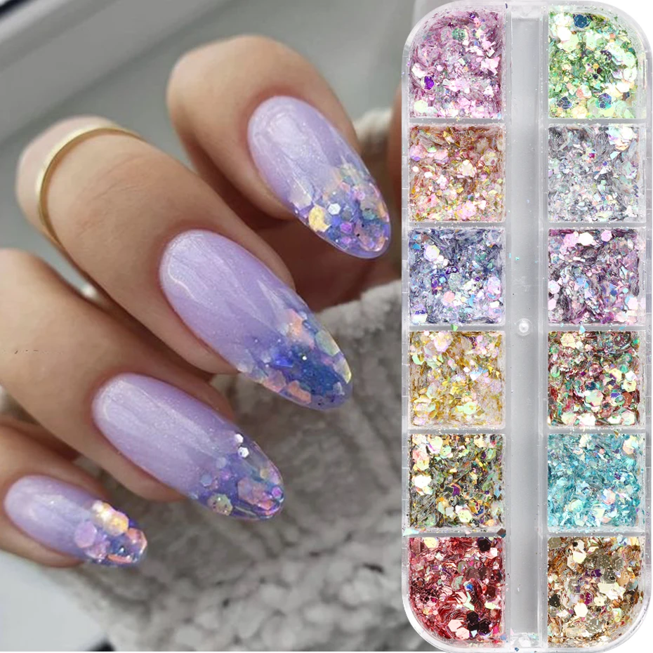 12 Grids Aurora Iridescent Mixed Hexagon Nail Glitter Sequins Holo Flakes Nail Art Powder Gel Polish Manicure Accessories
