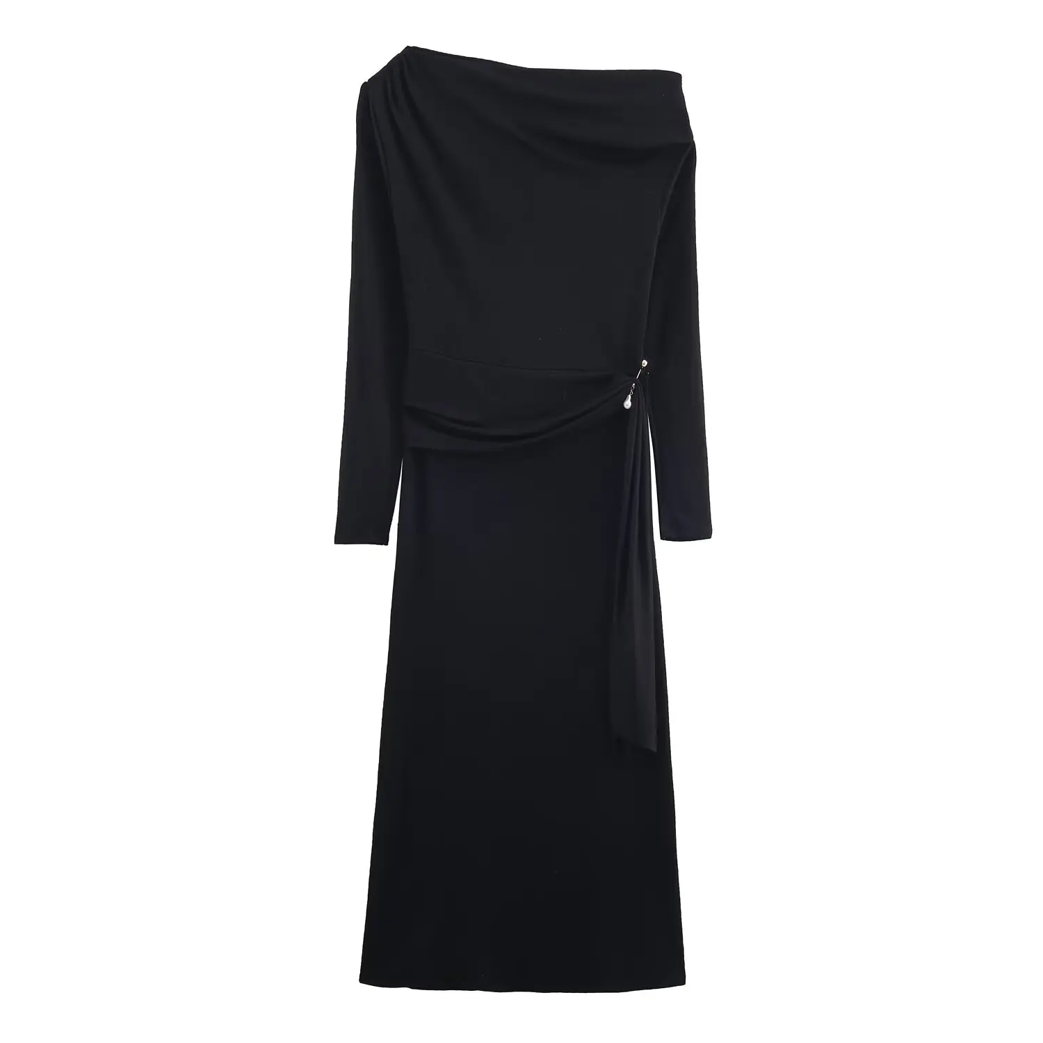 Women's Solid Black Long Dresses Spring Female Long Sleeve Soft Midi Dresses Fashion Elegant Lady Folds High Street Slim Dress