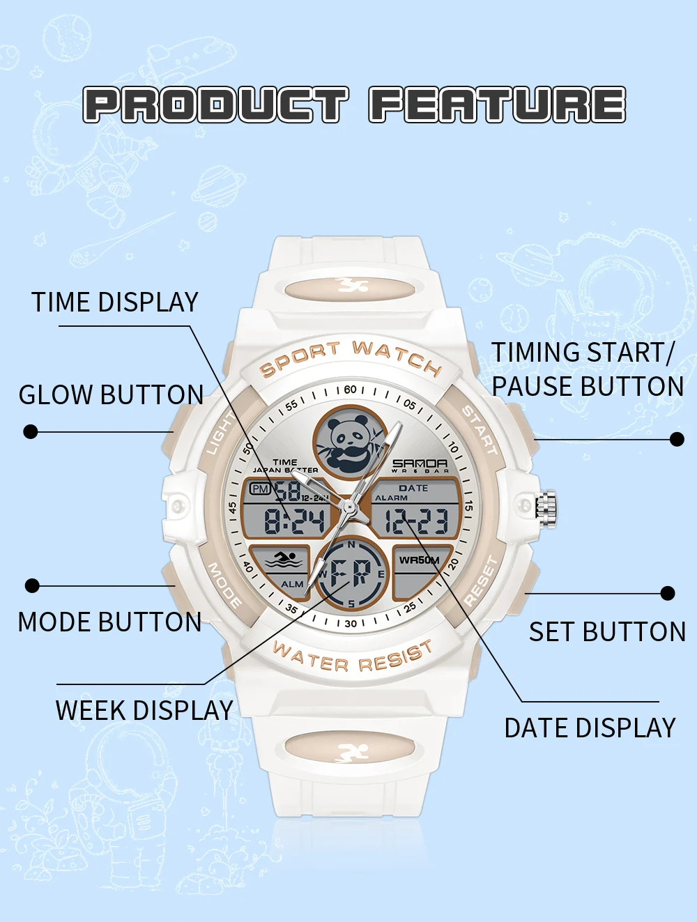 SANDA 6135 Fashion Sports Watches Date LED Military Waterproof Electronic Quartz Wristwatch 2Time Stopwatch Alarm Digital Clock