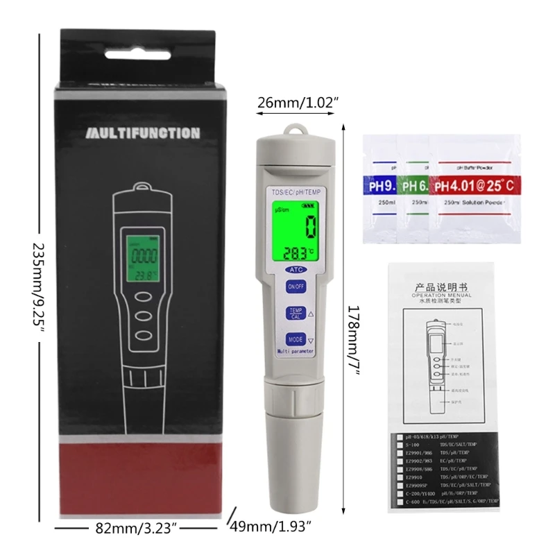 Professional 4 in 1 pH Meter Backlit LCDDisplay High Accuracy Digital Tester for Water & Versatile pH Meter