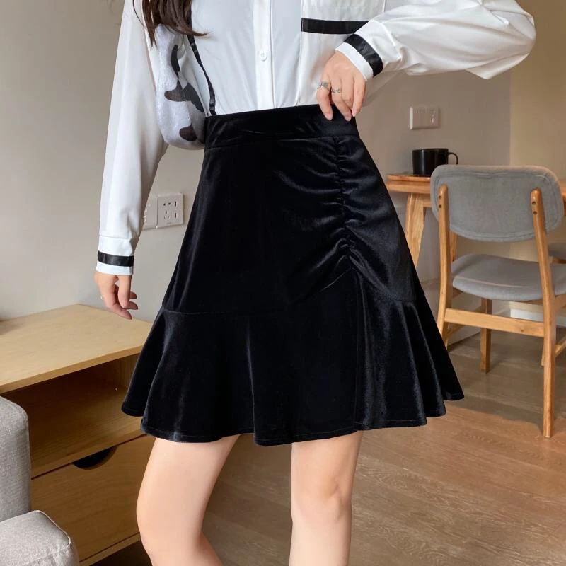 

2022 Spring Summer and Autumn New Golden Velvet Skirt Small Group Pleated Fishtail Show Thin A-line Skirt Lady Girl
