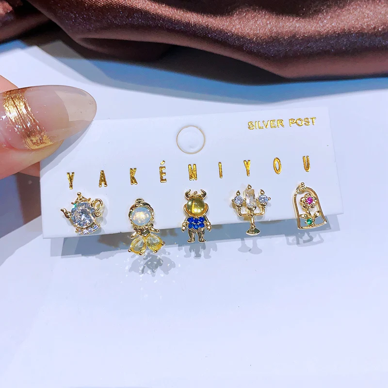MIGGA 5pcs Fairy Cute Small Princess Stud Earrings Set for Women Girls Gold Color Cubic Zircon Jewelry 6