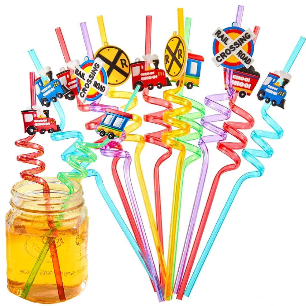 

8Pcs Train Theme Shaped Straws Reusable Plastic Straws Drink Cocktail Cartoon Straws Kids Transportation Birthday Party Supplies