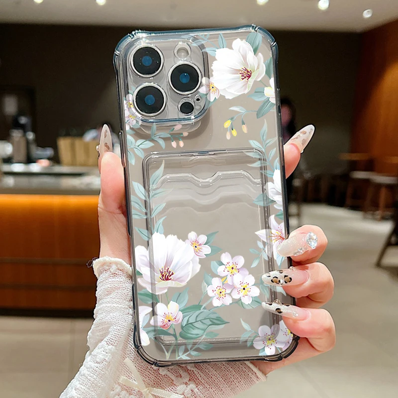 Floral Shockproof Silicone Phone Case with Card Slot Pocket