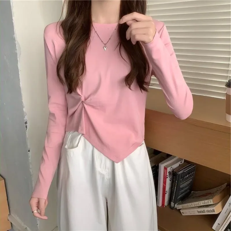 تي شيرت نسائي قصير بأكمام طويلة لربيع الخريف بطبقة...