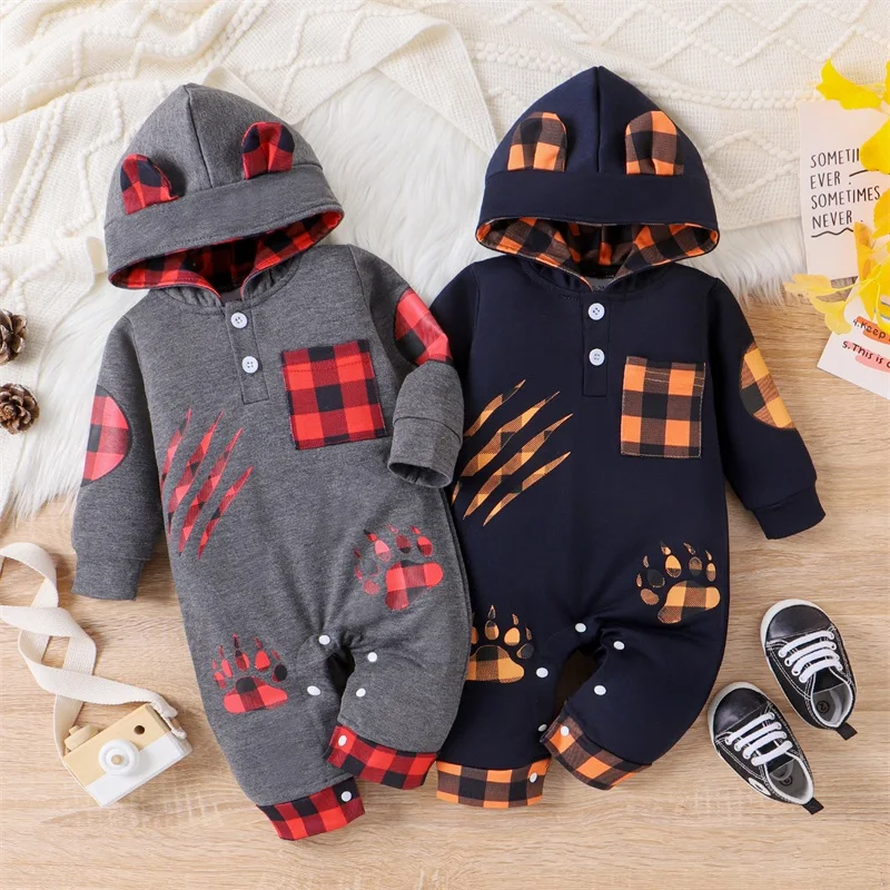 

Baby Boy Sweatshirt Romper Cute Plaid Print Long Sleeve Hooded Jumpsuit for Infant Toddler Spring Fall Outfit 0-18Months