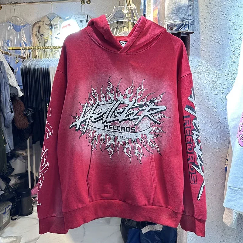 

GYM Hellstar Red Vintage Wash Letter Graffiti Print High Street 1:1 Oversized Couple Sports Hoodie