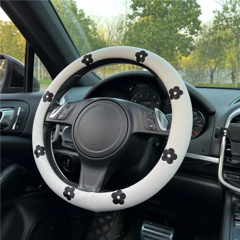Kleiner Gänseblümchen-Lenkradbezug aus Baumwolle und Leinen, atmungsaktiv, rutschfest, mit niedlichem Auto-Lenkradbezug – Detail 7