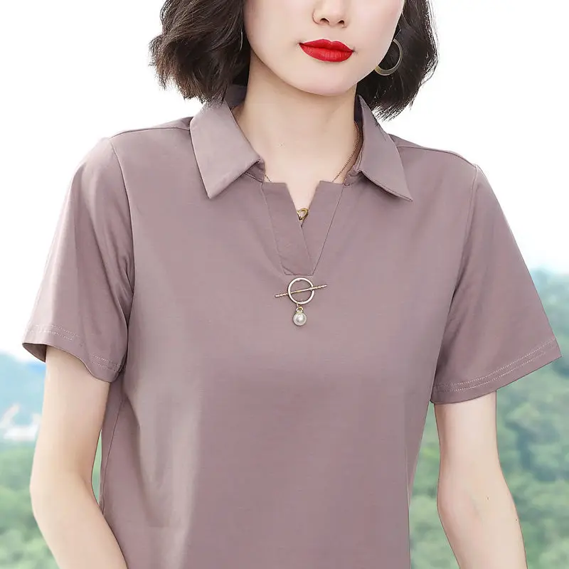 

Middle-aged short-sleeved T-shirt female cotton 2023 new loose Korean version has collar clothes female lapel POLO shirt ocean