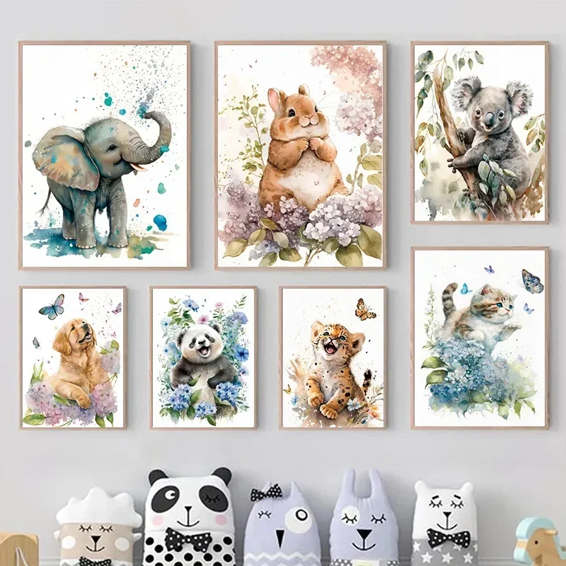 Elephant Panda Tiger Koala Cat Cartoon Animal Watercolor Posters Nursery Canvas Painting Wall Art Print Pictures Baby Room Decor 1