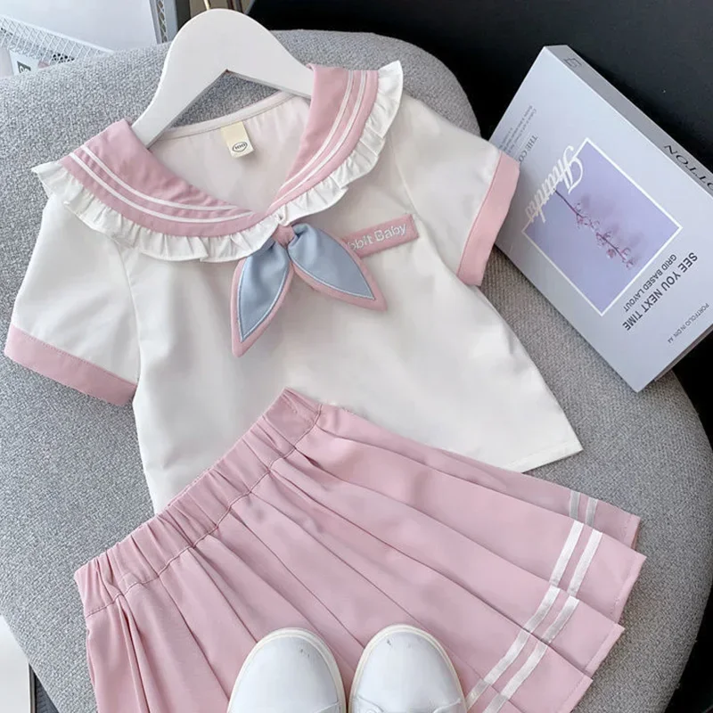 Summer Kawaii Shirt Pleated Skirt Girls Clothing Cute Blue Pink Short Sleeve JK Student Uniform 2 Pieces 4 To 15 Years Old