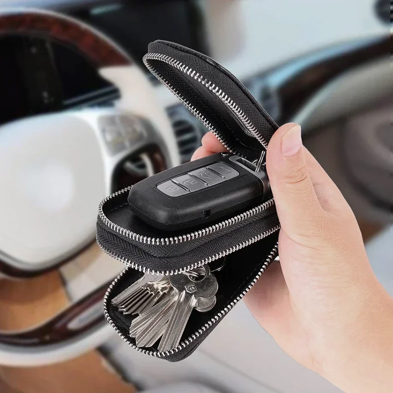 Double-layer Zipper Car Key Case Lychee Pattern Top Layer Cowhide Genuine Leather Chain Large Capacity Unisex
