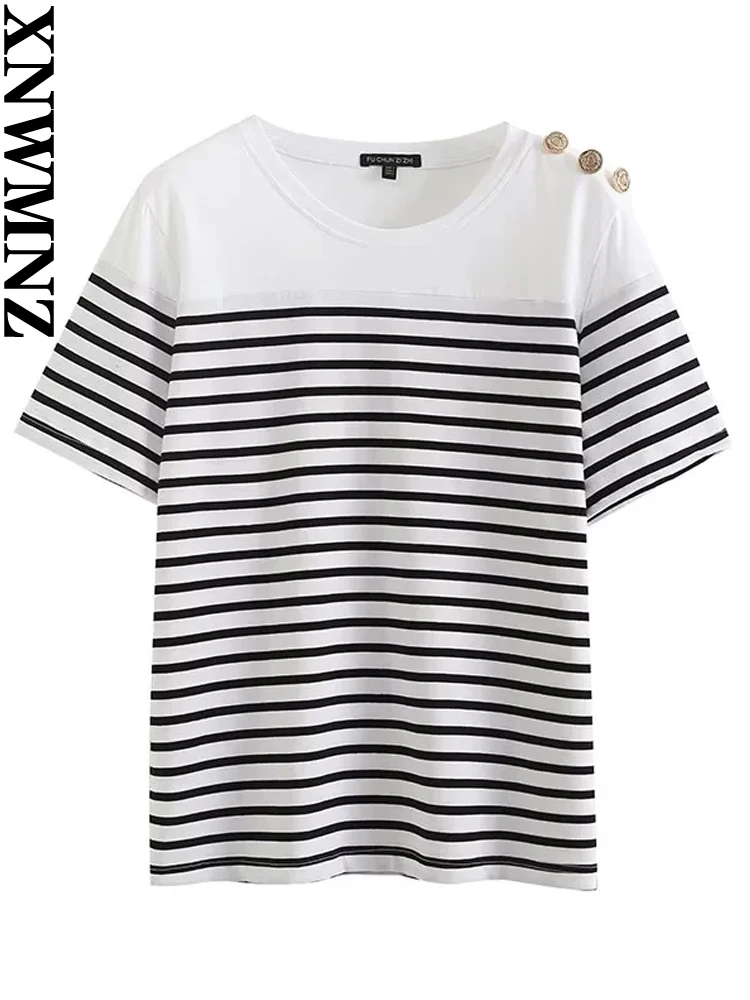 

XNWMNZ Women's Fashion 2023 British Shoulder Button Classic Striped T-shirt O Neck Short Sleeve Casual Versatile Female Top