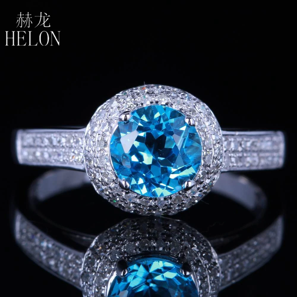 

HELON Solid 14K White Gold AU585 Flawless Round 6.5mm 100% Genuine Blue Topaz Diamonds Women Jewelry Engagement Wedding Ring