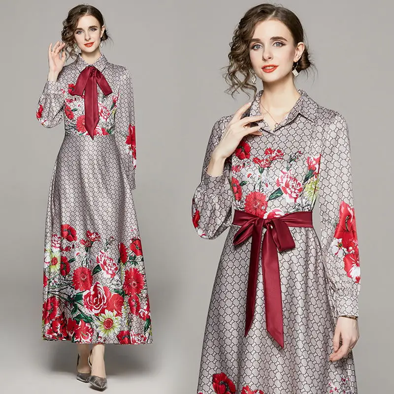 

High Class Printed Chiffon Vestidos For Party Elegant Bodycon Roese Pattern Ankle Length Occident Big Swing Female Bow Dresses