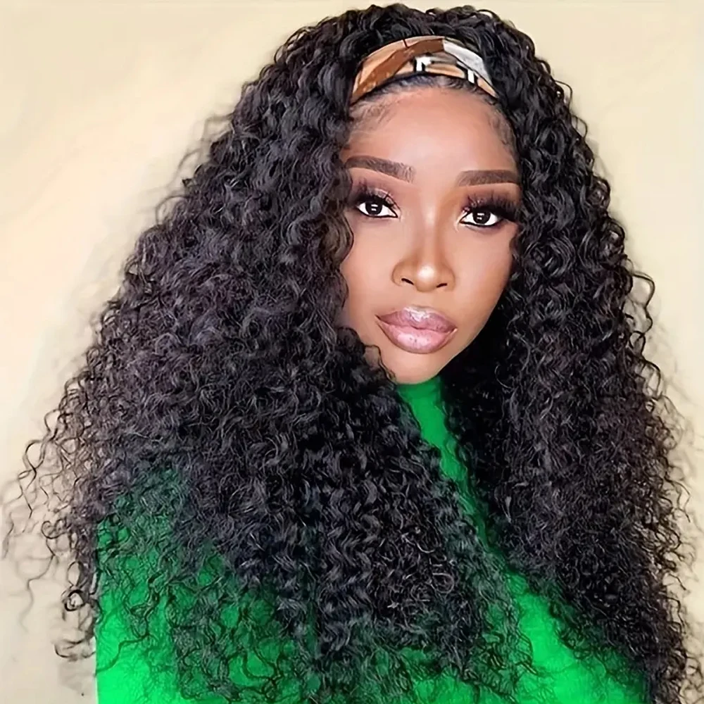 Human Hair Wigs Headband Wig Water Wave Human Hair Wigs Machine Made For Women Glueless Curly With Headband 250% Density Natural Black human hair wigs