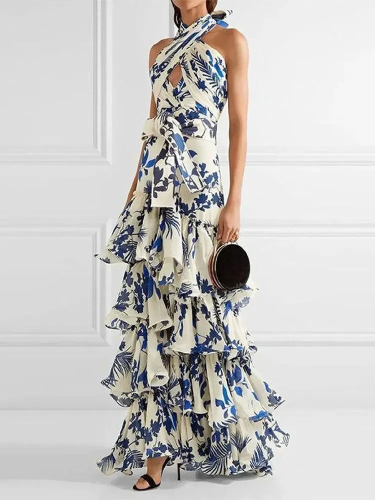 Women Elegant Printed Boho Party Dress Sexy Halter Backless Ruffled Vacation Beach Dresses 2024 Lady Celebrity Evening Prom Gown