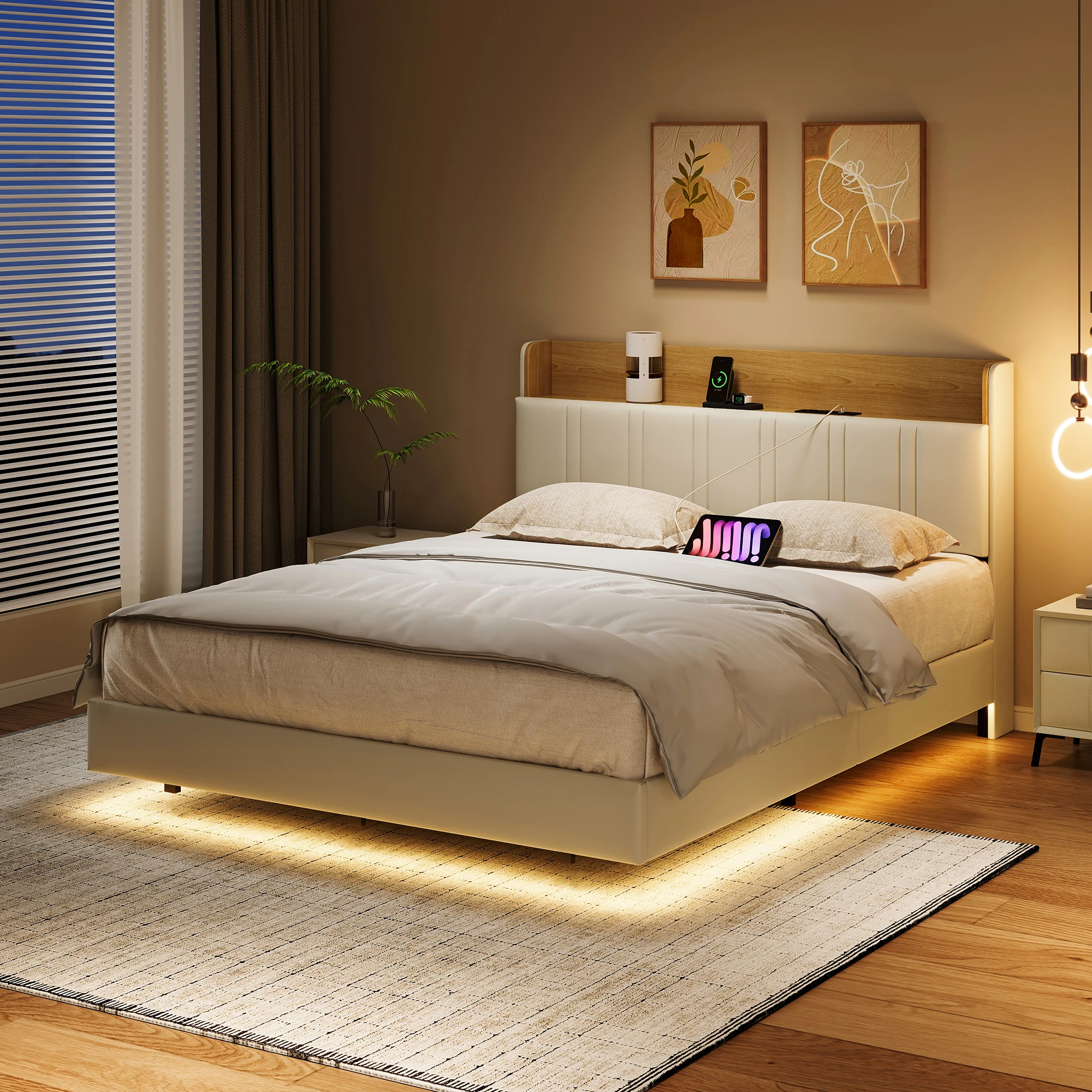 Rosahqnda Doppelbettgestell 140/160 x 200 cm, schwebendes Bett mit visuellem Effekt und LED-Beleuchtung, Hochkopf-Ladestation – Detail 9